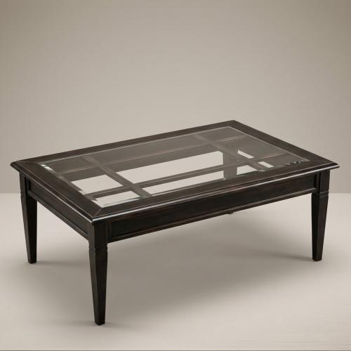 Luxury Rectangular Designer Coffee Table with Framed Glass Top in Dark Walnut Finish Front View by Luxury Group International