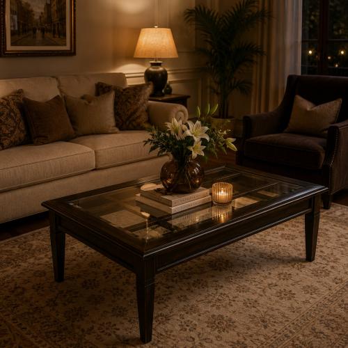 Table basse rectangulaire de luxe avec plateau en verre encadré finition noyer foncé Vue lifestyle par Luxury Group International