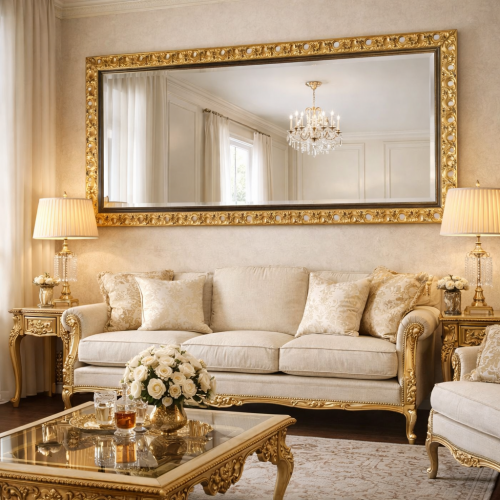 Luxury Rectangular Gold Baroque Wall Mirror with Sculpted Circular Medallion Border – 182 CM by Luxury Group International