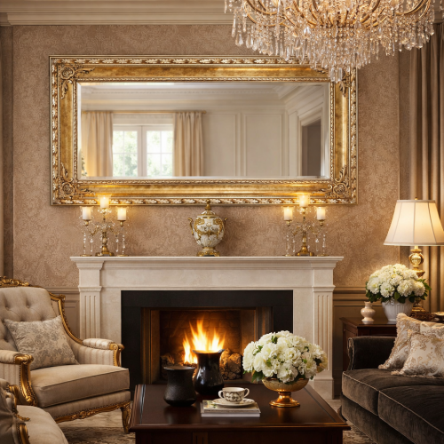 Luxus rechteckiger goldener Barock-Wandspiegel mit gemeißelten floralen Eckakzenten - 171 CM von Luxury Group International