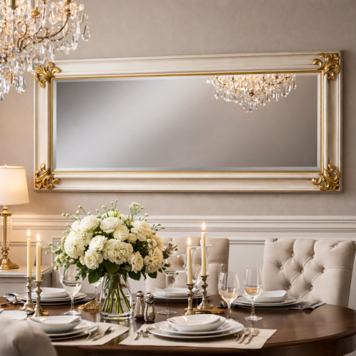 Luxus rechteckiger Elfenbeinfarbener Barock-Wandspiegel mit handgeschnitzten Blattecken und goldakzentuiertem Rahmen – 185 CM von Luxury Group International