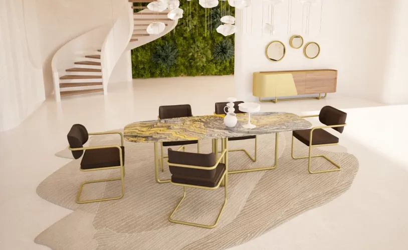 Luxury Rectangular Marble Top Dining Table with Brass Finish Golden Legs Lifestyle View by Luxury Group International