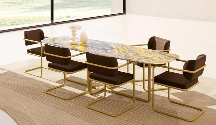 Luxury Rectangular Marble Top Dining Table with Brass Finish Golden Legs by Luxury Group International