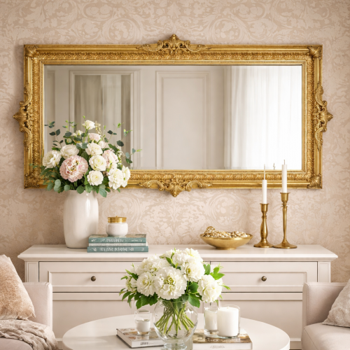 Luxus rechteckiger Royal Gold Barock Wandspiegel mit gekröntem Wappen &amp; skulpturaler Basis - 196 CM von Luxury Group International