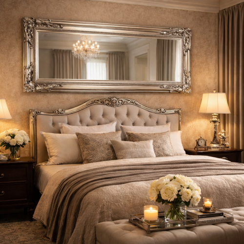 Luxus rechteckiger silberner Barock-Wandspiegel mit handgefertigtem, verziertem Blattrahmen - 195 CM von Luxury Group International