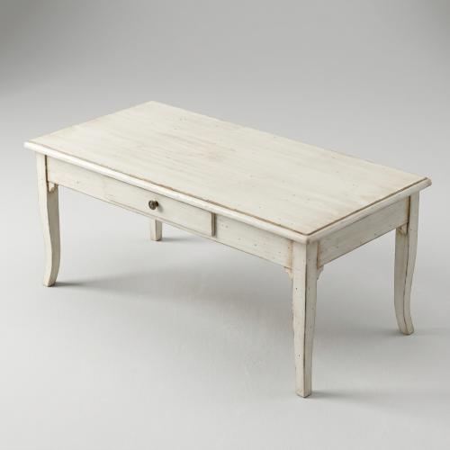 Luxury Rectangular Wooden Coffee Table in Antique Ivory Finish with Integrated Drawer Storage Front View by Luxury Group International