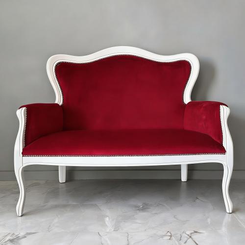 Luxury Red Velvet Two Seater Sofa with White Curved Wooden Frame - Living Room Furniture Front View by Luxury Group International