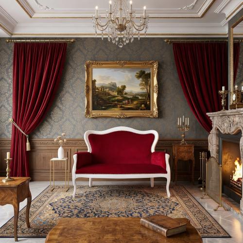 Luxus Rotes Samt-Zweisitzer-Sofa mit Weißem Geschwungenem Holzrahmen – Wohnzimmermöbel Lifestyle-Ansicht von Luxury Group International