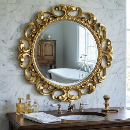 Luxury Round Baroque Wall Mirror with Open Scroll Gold Frame and Beaded Inner Border - Baroque Mirror Lifestyle View by Luxury Group International