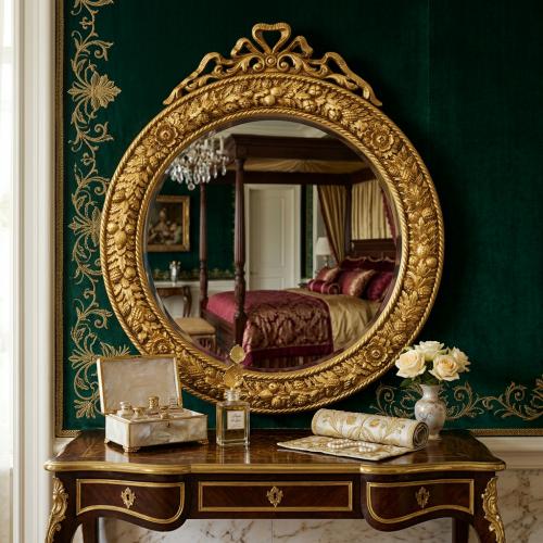 Luxury Round Baroque Wall Mirror with Ornate Botanical Gold Frame - Baroque Mirror Lifestyle View by Luxury Group International