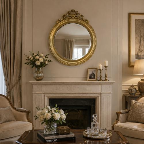 Luxury Round Baroque Wall Mirror with Ornate Gold Floral Crest - Baroque Mirror Lifestyle View by Luxury Group International
