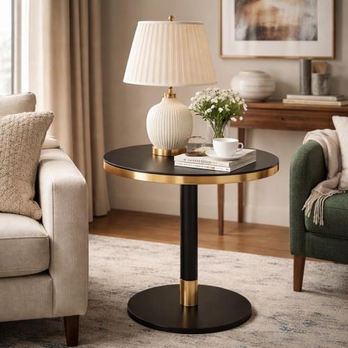 Luxury Round Black Side Table with Gold Trim and Pedestal Base by Luxury Group International
