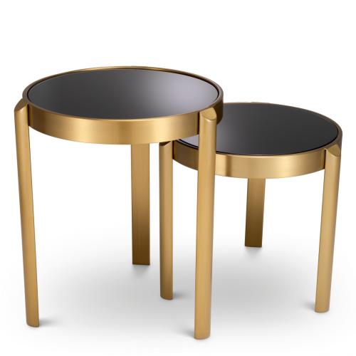 Luxury Round Brass & Black Glass Top Nesting Side Tables set of 2 by Luxury Group International