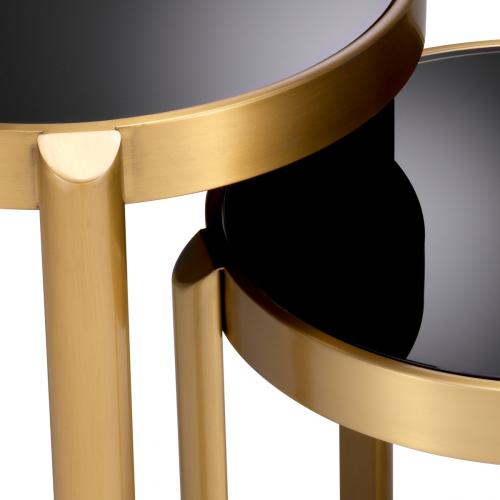Luxury Round Brass & Black Glass Top Nesting Side Tables set of 2 by Luxury Group International