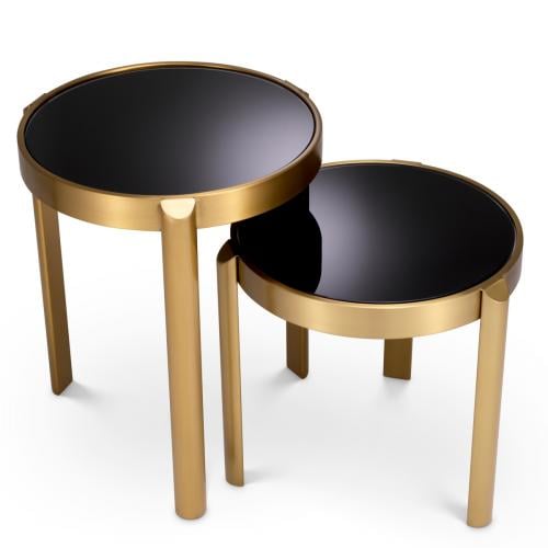 Luxury Round Brass & Black Glass Top Nesting Side Tables set of 2 by Luxury Group International