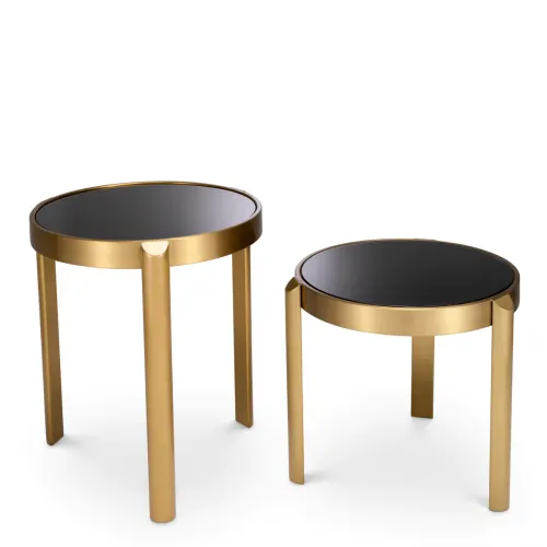 Luxury Round Brass & Black Glass Top Nesting Side Tables set of 2 by Luxury Group International