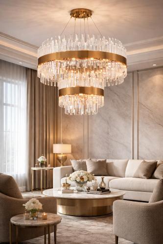 Luxury Round Champagne Golden Band Tiered Modern Crystal Chandelier Light by Luxury Group International