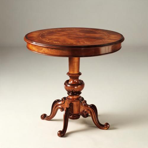 Luxury Round Coffee Table with Decorative Marquetry Top & Sculpted Pedestal Base Front View by Luxury Group International