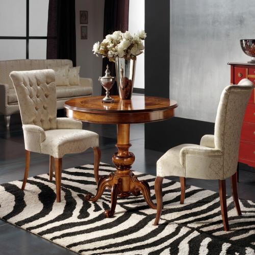 Luxury Round Coffee Table with Decorative Marquetry Top & Sculpted Pedestal Base Lifestyle View by Luxury Group International