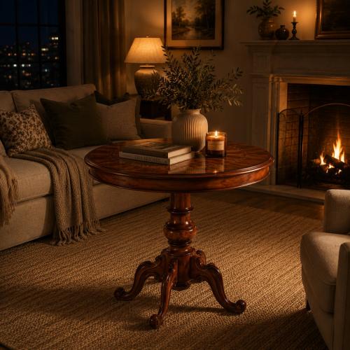 Luxury Round Coffee Table with Decorative Marquetry Top & Sculpted Pedestal Base Lifestyle View by Luxury Group International