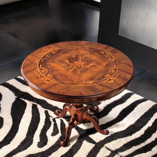 Luxury Round Coffee Table with Decorative Marquetry Top & Sculpted Pedestal Base Top View by Luxury Group International