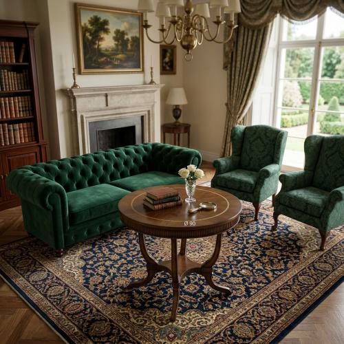 Luxury Round Coffee Table with Fluted Apron Detailing & Sculpted Four-Leg Pedestal Base Lifestyle View by Luxury Group International