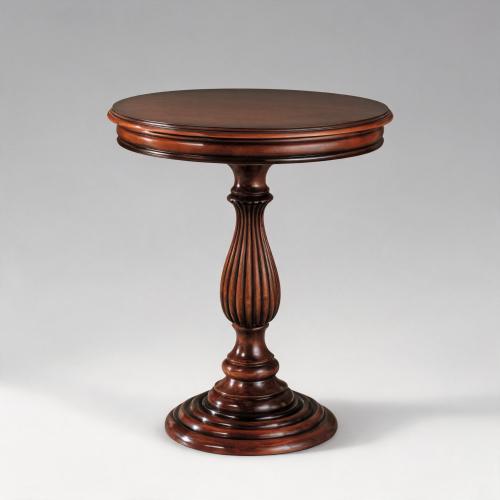 Luxury Round Coffee Table with Fluted Pedestal Base & Decorative Walnut Inlay Top Front View by Luxury Group International