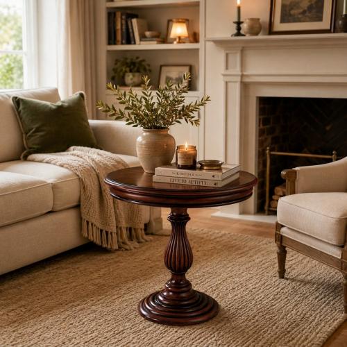 Luxury Round Coffee Table with Fluted Pedestal Base & Decorative Walnut Inlay Top Lifestyle View by Luxury Group International
