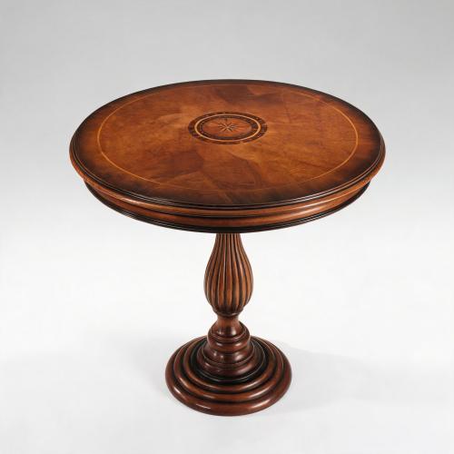 Luxury Round Coffee Table with Fluted Pedestal Base & Decorative Walnut Inlay Top Top View by Luxury Group International