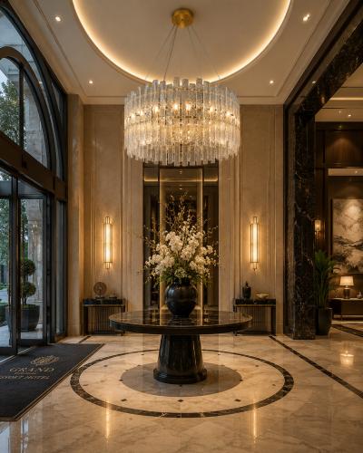 Luxus Runder Kristall-Trommel-Kronleuchter mit geschichtetem, strukturiertem Glasdesign von Luxury Group International