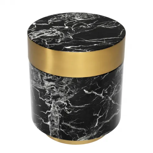 Luxury Round Faux Black Marble Brass Rim Drum Side Table by Luxury Group International