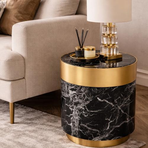 Luxury Round Faux Black Marble Brass Rim Drum Side Table by Luxury Group International