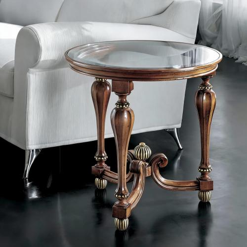Luxury Round Glass Top Side Table with Hand-Carved Baluster Legs and Ornamental Base Front View by Luxury Group International