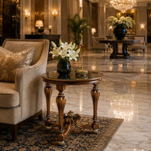 Luxury Round Glass Top Side Table with Hand-Carved Baluster Legs and Ornamental Base Lifestyle View by Luxury Group International