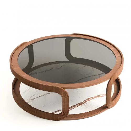Luxury Round Glass Top Wooden Coffee Table Brown / Beige Ø 120 x H. 40 cm by Luxury Group International