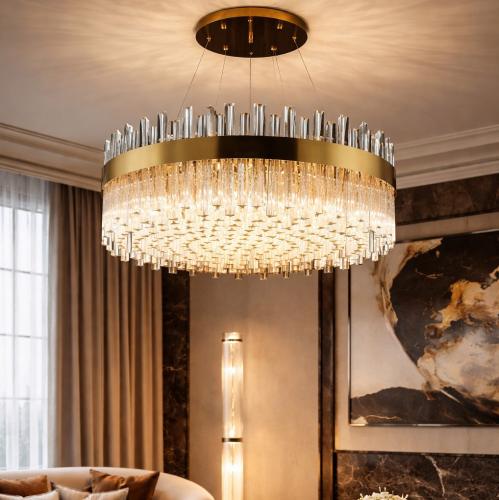 Luxury Round Gold Drum Crystal Chandelier with Glass Rod Design by Luxury Group International