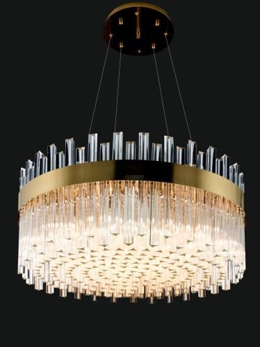 Luxury Round Gold Drum Crystal Chandelier with Glass Rod Design Side View by Luxury Group International
