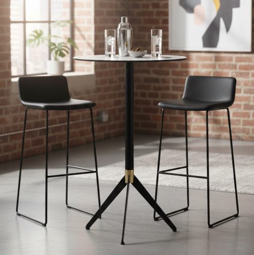Luxury Round Marble Top Bar Table on Black Tripod Base with Gold Accents by Luxury Group International