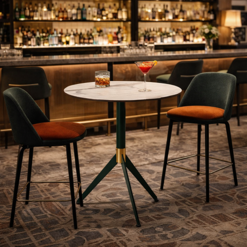 Luxury Round Marble Top Bar Table with Green Tripod Base and Gold Accent Collar by Luxury Group International