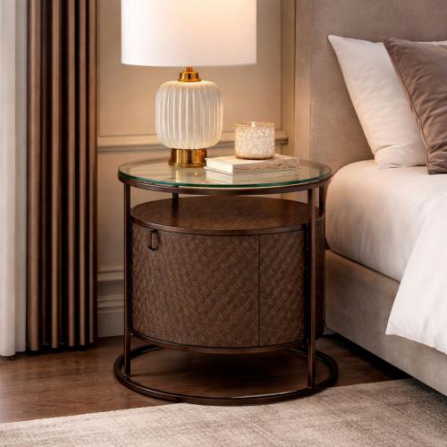 Luxury Round Oak Veneer Bronze Glass Nightstand by Luxury Group International