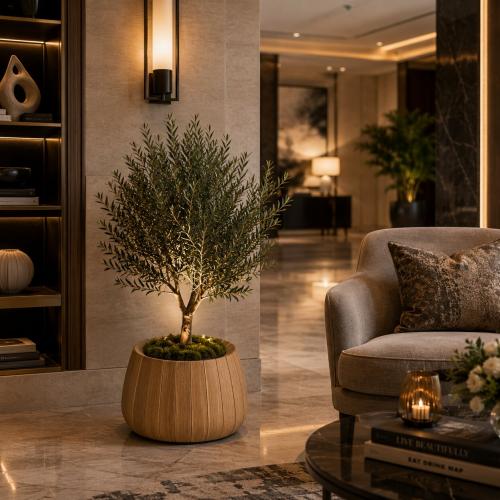 Luxus-Runder Pflanzkübel in natürlicher Teak-Optik - Ø 50 cm Lifestyle-Ansicht von Luxury Group International