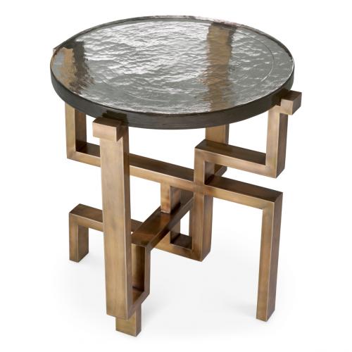Luxury Round Vintage Brass Finish Handmade Glass Top Side Table by Luxury Group International