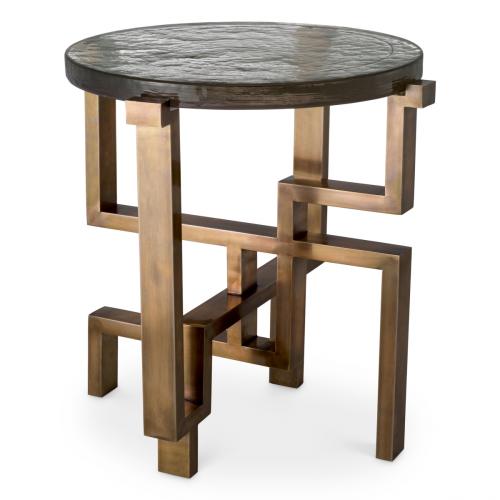 Luxury Round Vintage Brass Finish Handmade Glass Top Side Table by Luxury Group International
