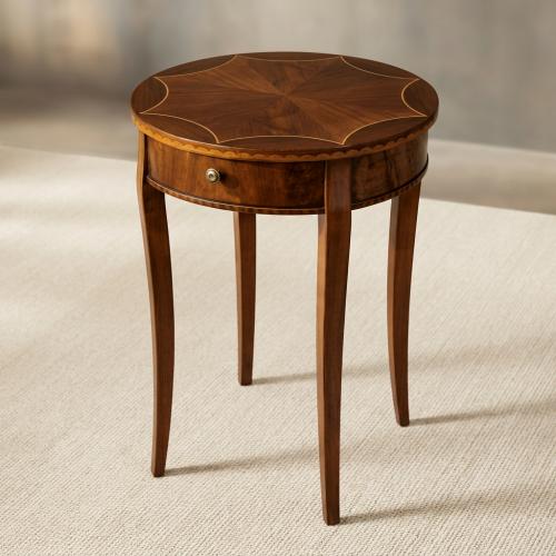 Luxury Round Wooden Side Table with Decorative Marquetry Top and Hidden Drawer Storage Front View by Luxury Group International