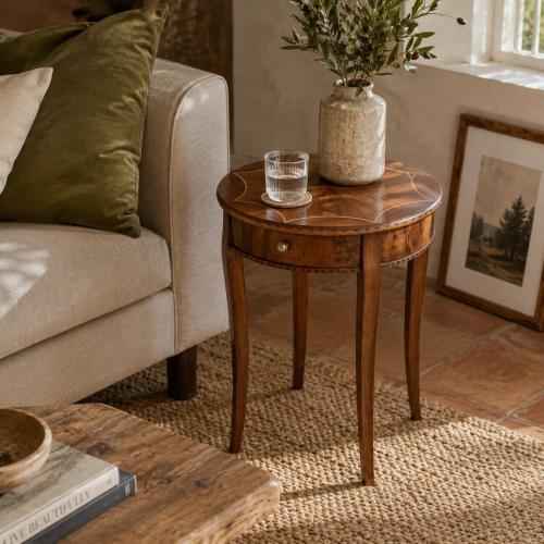 Luxury Round Wooden Side Table with Decorative Marquetry Top and Hidden Drawer Storage Lifestyle View by Luxury Group International