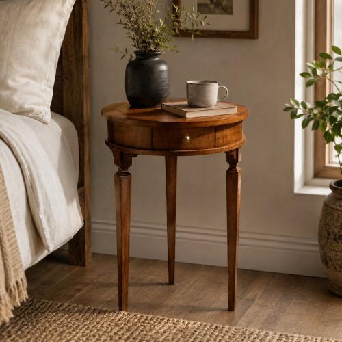Luxury Round Wooden Side Table with Drawer Storage and Tapered Classical Legs Lifestyle View by Luxury Group International