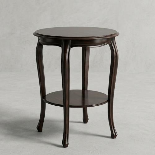 Luxury Round Wooden Side Table with Dual-Tier Shelf in Dark Walnut Finish Front View by Luxury Group International