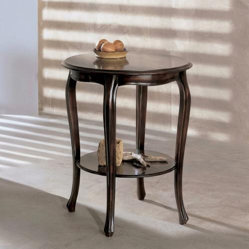 Luxury Round Wooden Side Table with Dual-Tier Shelf in Dark Walnut Finish Lifestyle View by Luxury Group International