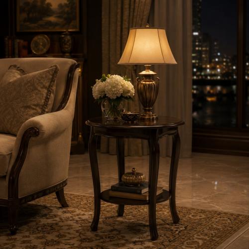 Luxury Round Wooden Side Table with Dual-Tier Shelf in Dark Walnut Finish Lifestyle View by Luxury Group International