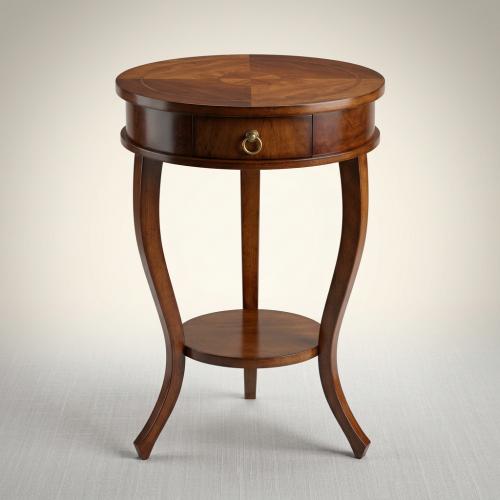 Luxury Round Wooden Side Table with Integrated Drawer and Lower Display Shelf Front View by Luxury Group International